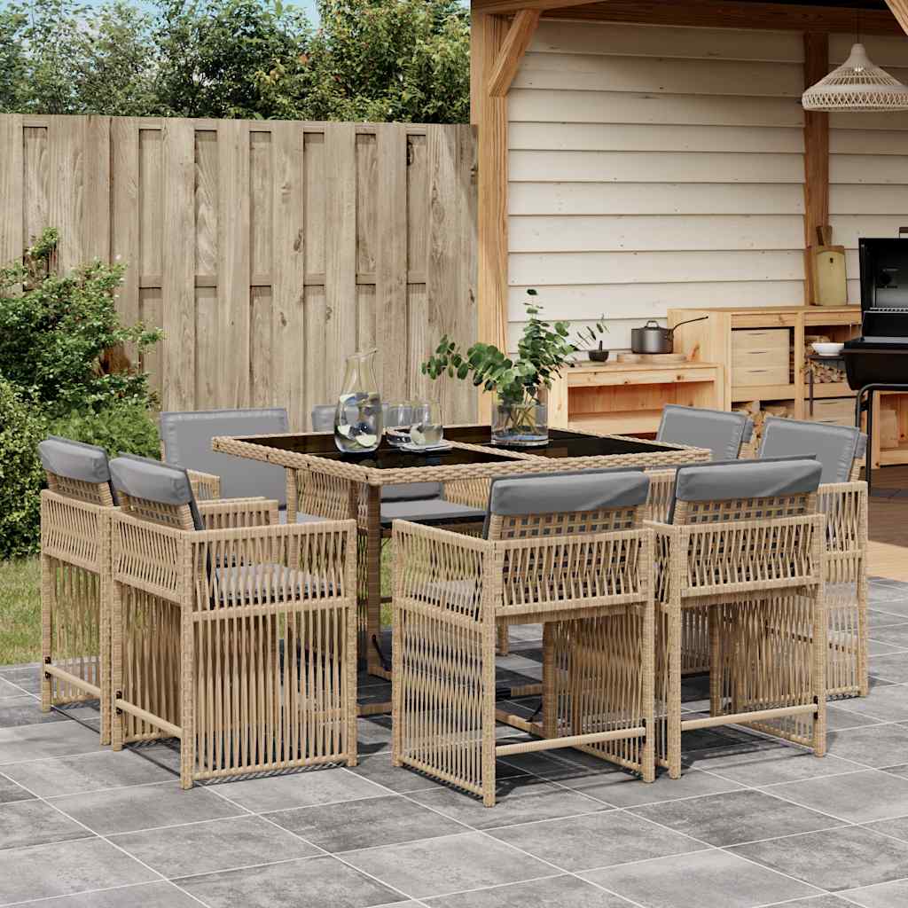 spisebordssæt til haven 9 dele med hynder polyrattan beige