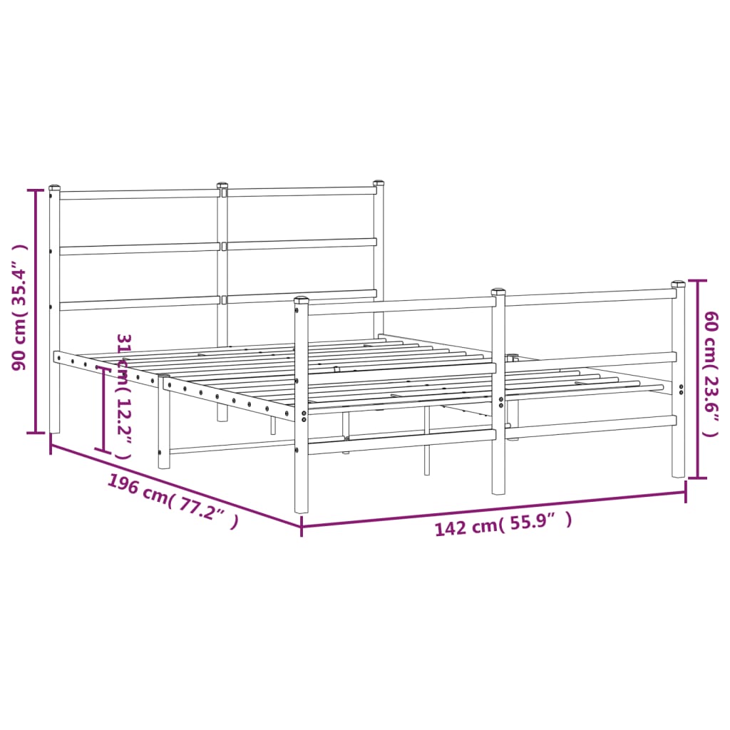 sengeramme med sengegavl og fodgærde 135x190 cm metal sort