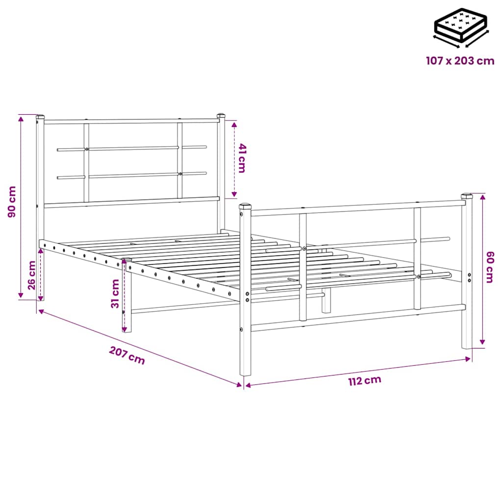 sengeramme med sengegavl og fodgærde 107x203 cm metal sort