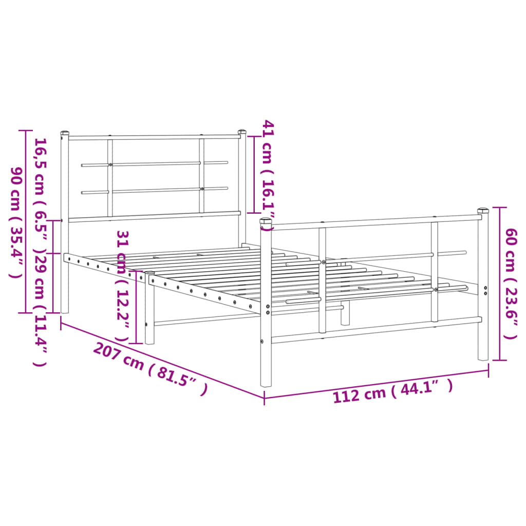 sengeramme med sengegavl og fodgærde 107x203 cm metal hvid
