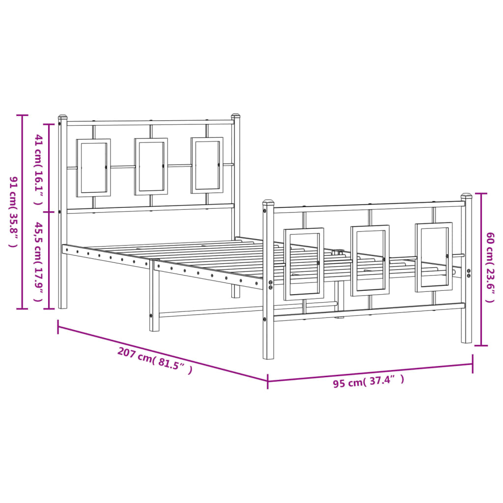 sengeramme med sengegavl og fodgærde 90x200 cm metal sort