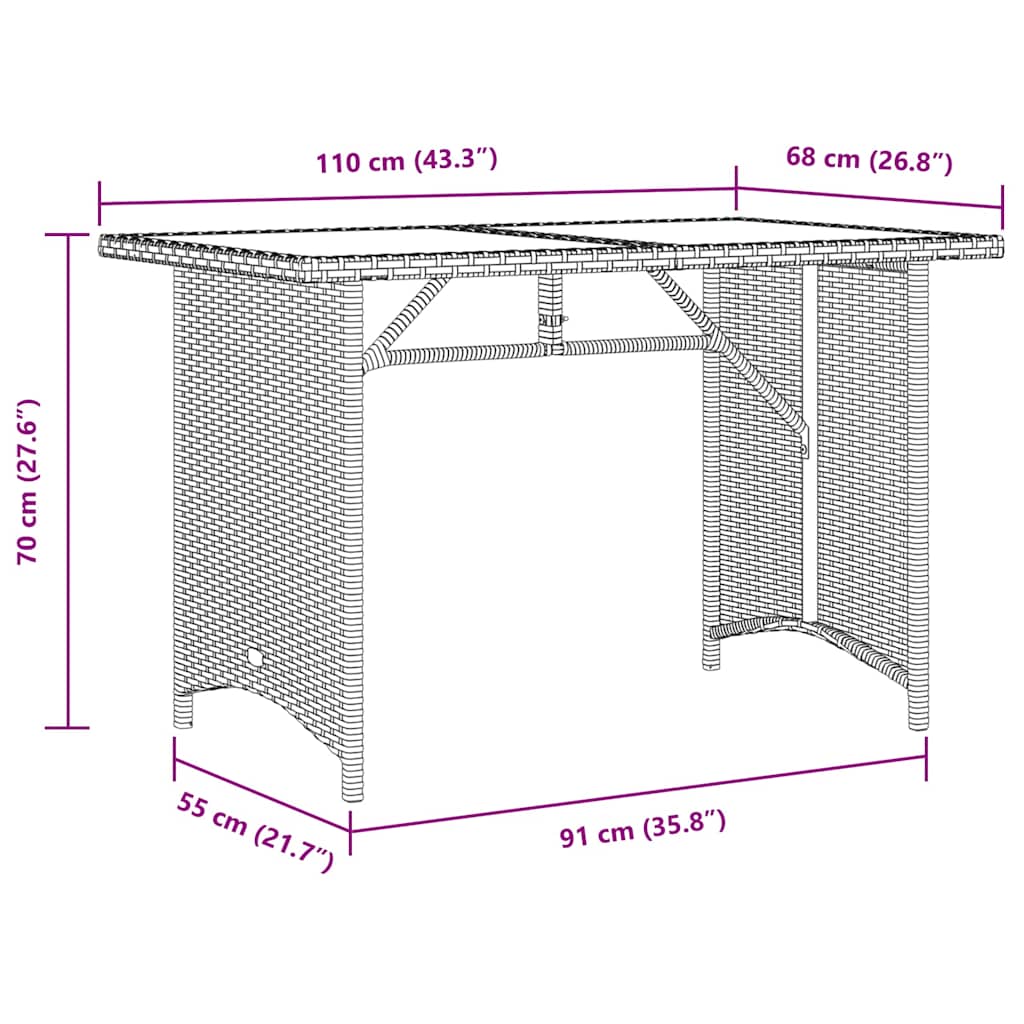havebord med glastop 110x68x70 cm polyrattan brun
