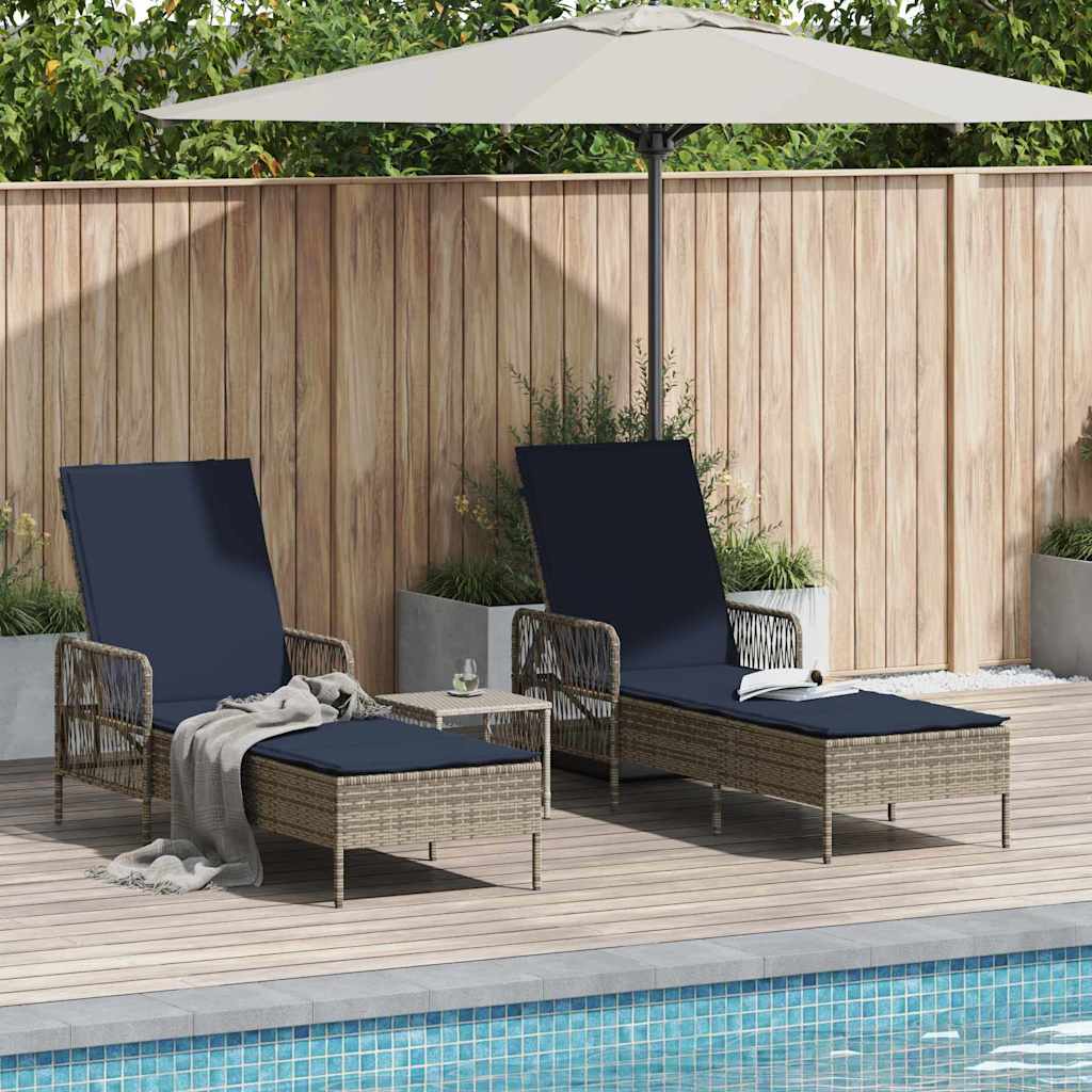 Solstol 3 stk. polyrattan Grå og Marineblå