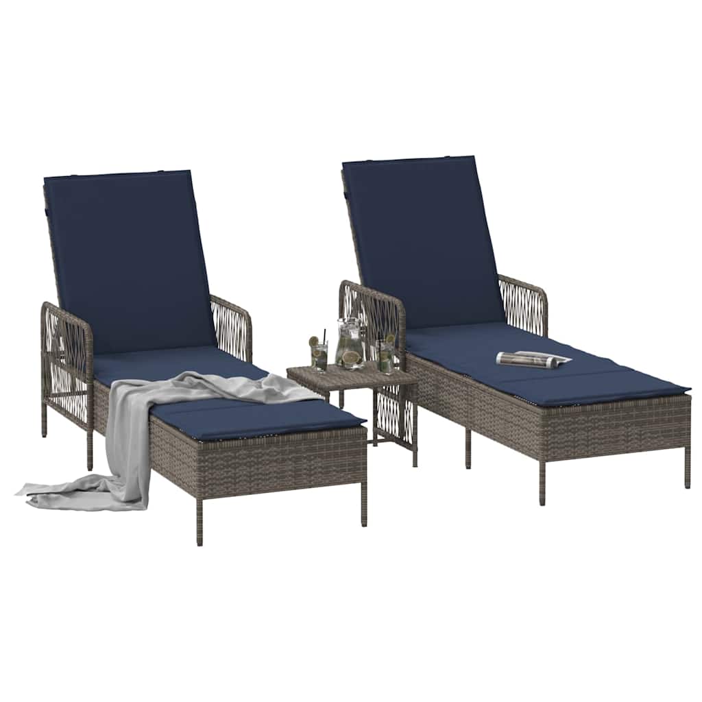 Solstol 3 stk. polyrattan Grå og Marineblå