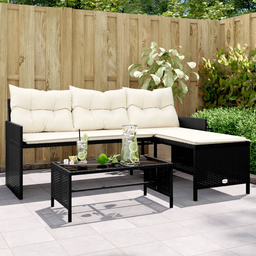 havesofa med bord og hynder L-formet polyrattan sort