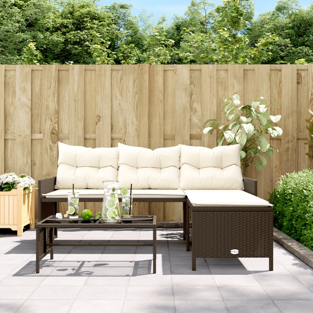 havesofa med bord og hynder L-formet polyrattan brun