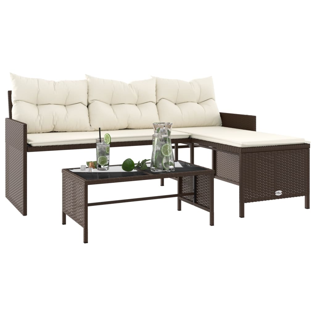 havesofa med bord og hynder L-formet polyrattan brun