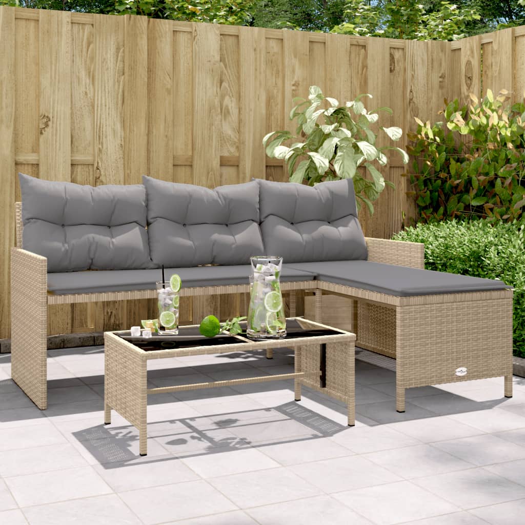 havesofa med bord og hynder L-formet polyrattan beige