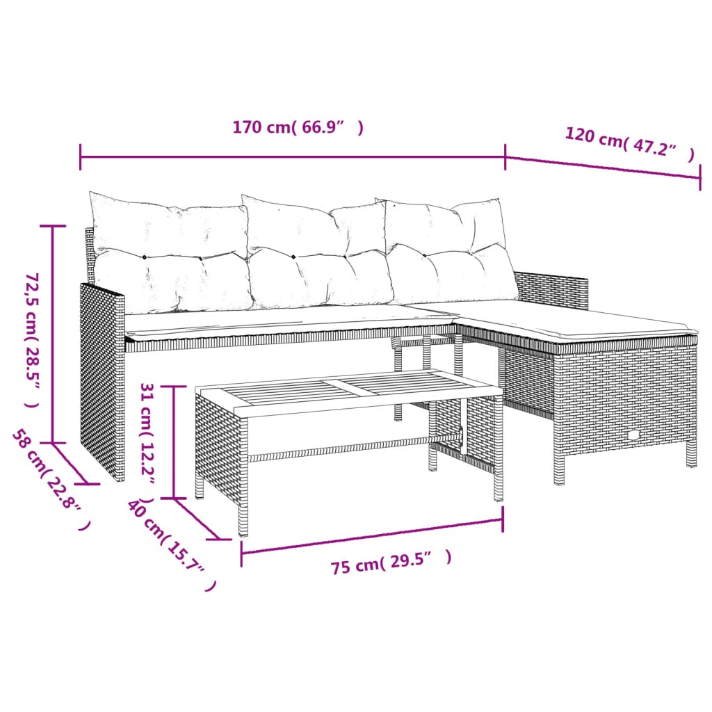 havesofa med bord og hynder L-formet polyrattan grå