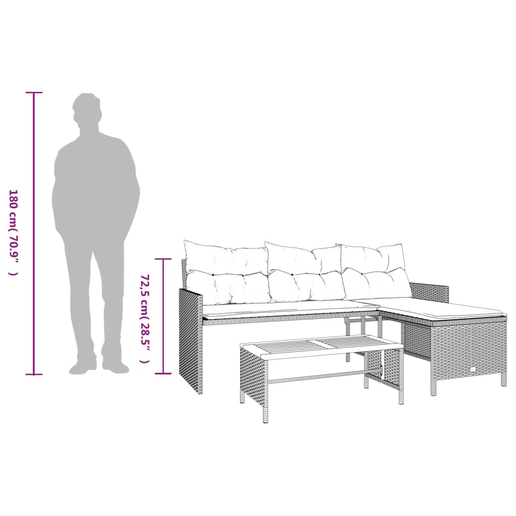 havesofa med bord og hynder L-formet polyrattan grå