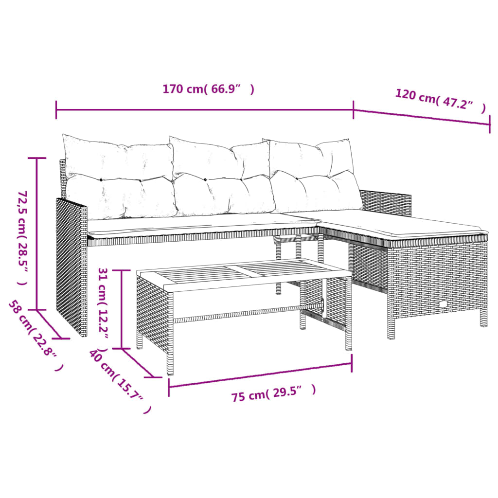 havesofa med bord og hynder L-formet polyrattan beige