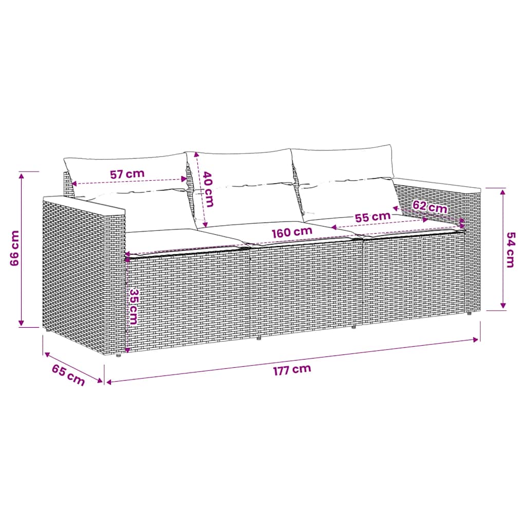 3-personers havesofa med hynder polyrattan sort