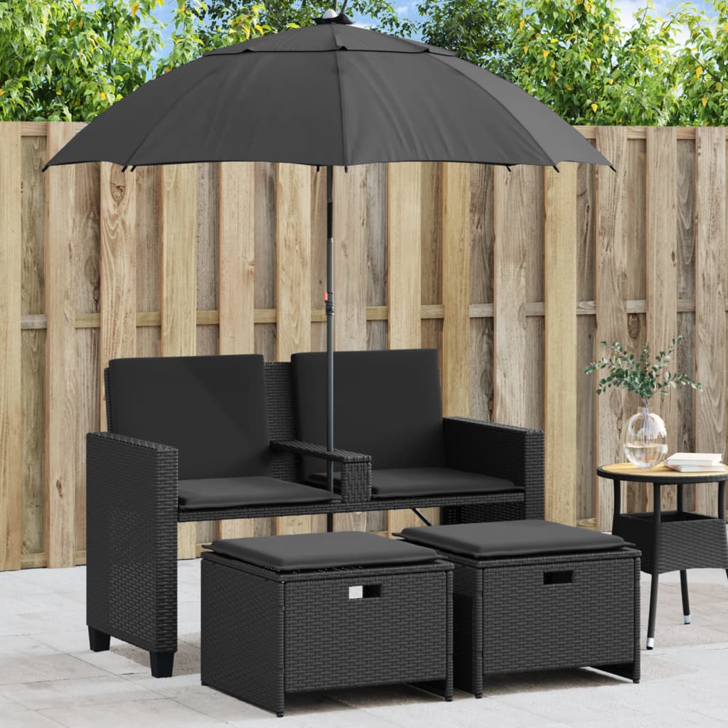 vidaXL 2-personers havesofa med parasol og skamler polyrattan sort