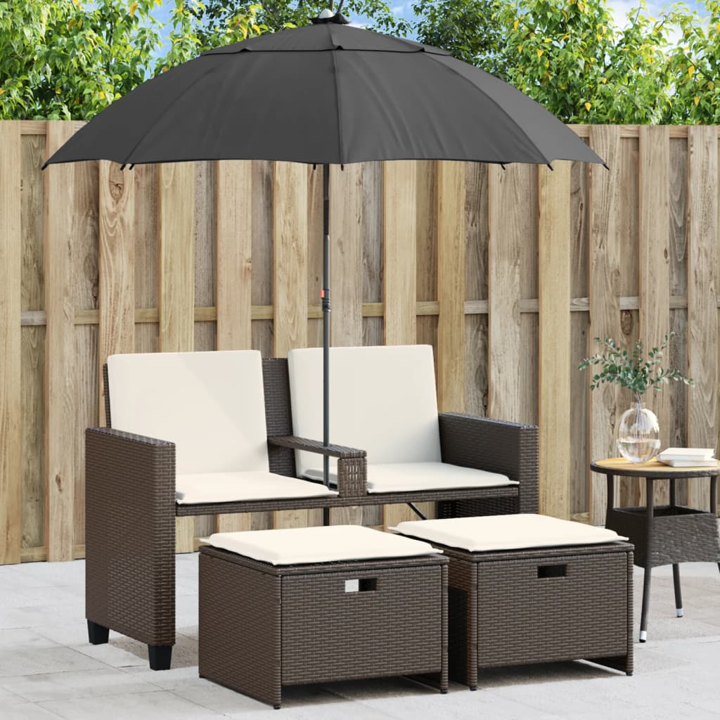 vidaXL 2-personers havesofa med parasol og skamler polyrattan brun