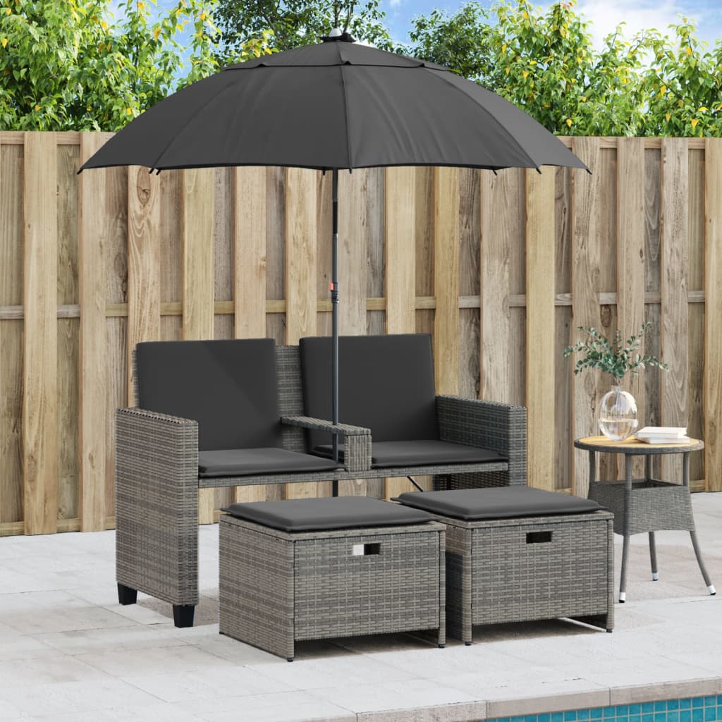 2-personers havesofa med parasol og skamler polyrattan grå