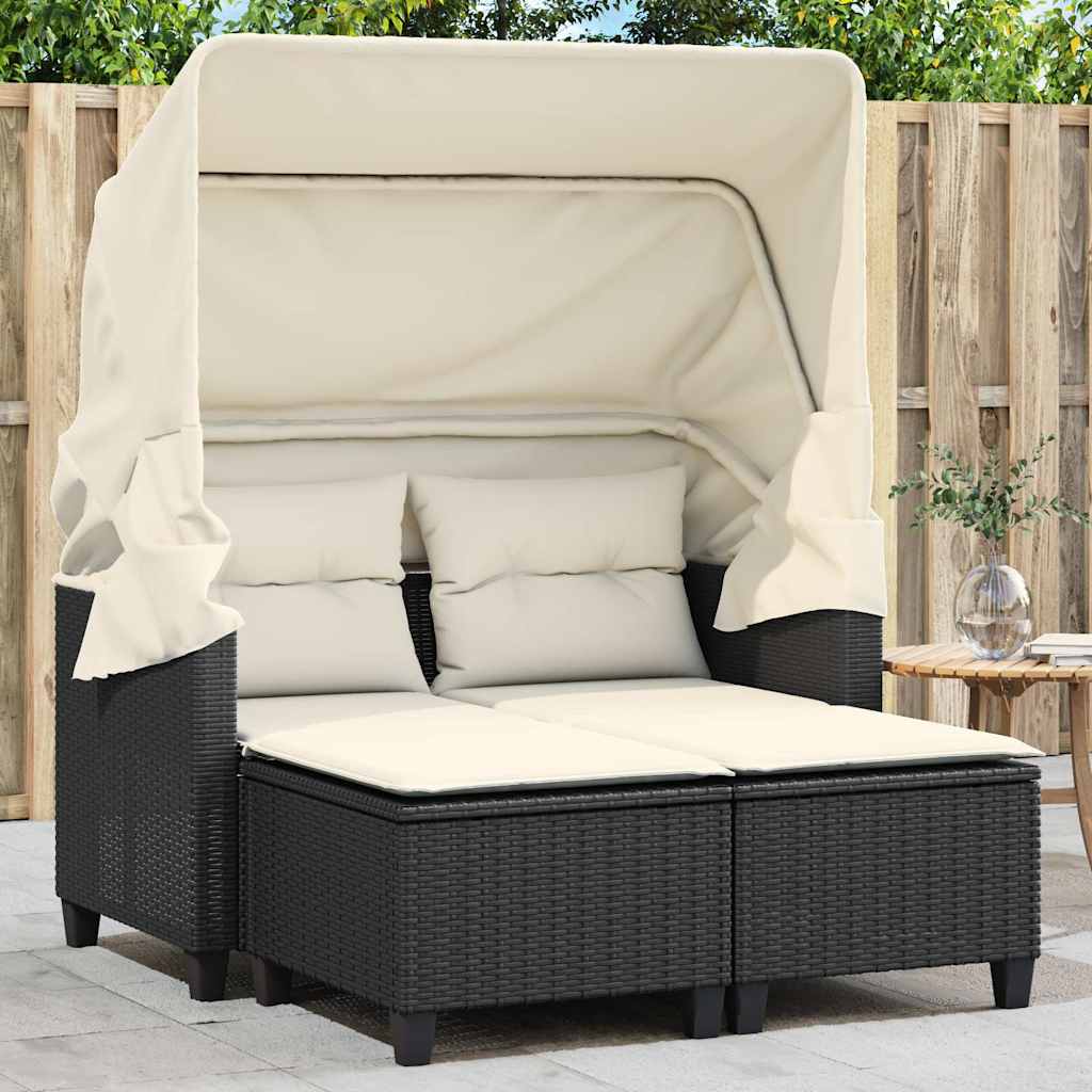 2-personers havesofa med baldakin og skamler polyrattan sort