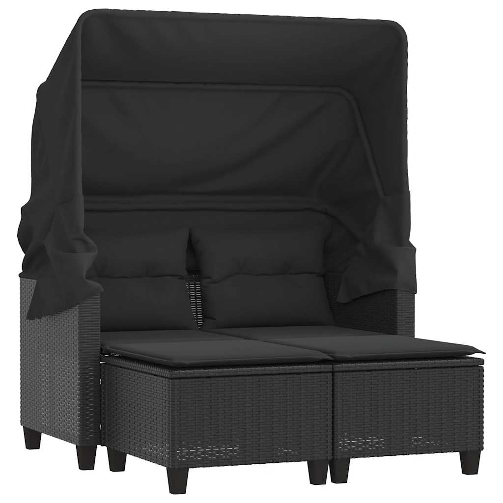 2-personers havesofa med baldakin og skamler polyrattan sort