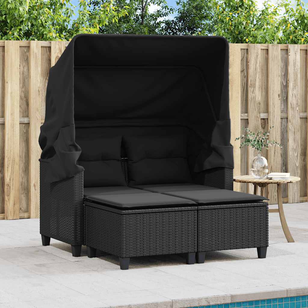 2-personers havesofa med baldakin og skamler polyrattan sort
