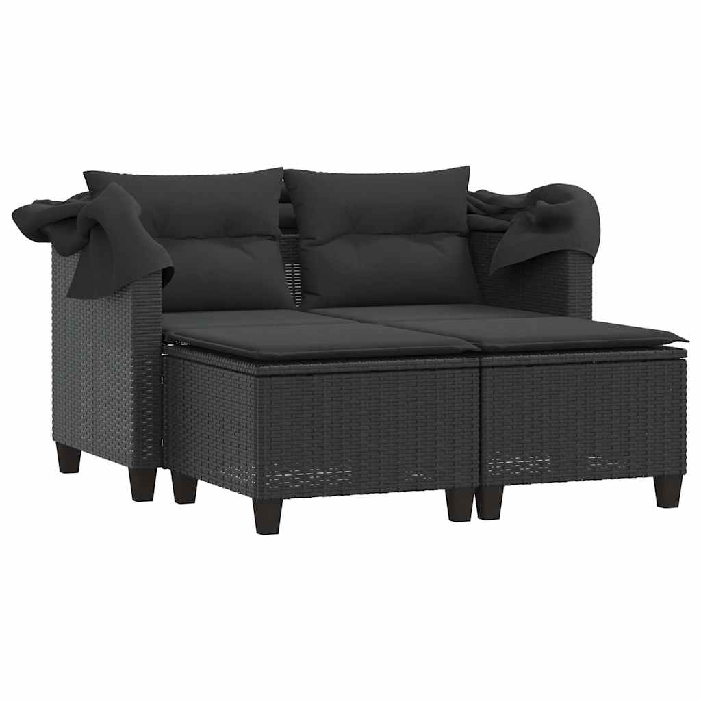2-personers havesofa med baldakin og skamler polyrattan sort