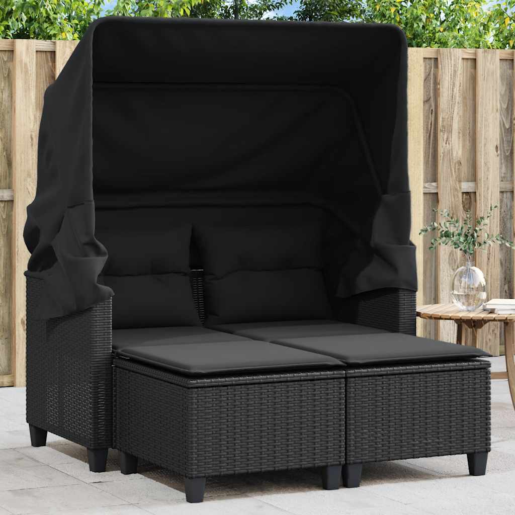 2-personers havesofa med baldakin og skamler polyrattan sort
