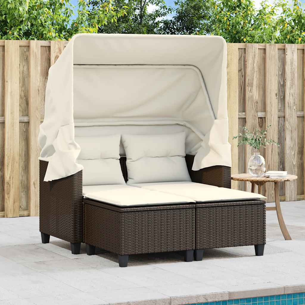 2-personers havesofa med baldakin og skamler polyrattan brun