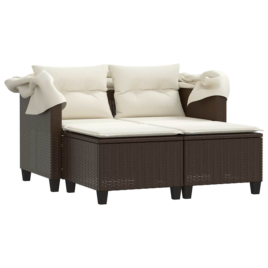 2-personers havesofa med baldakin og skamler polyrattan brun