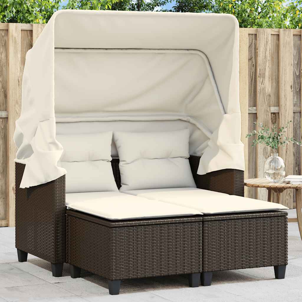 2-personers havesofa med baldakin og skamler polyrattan brun