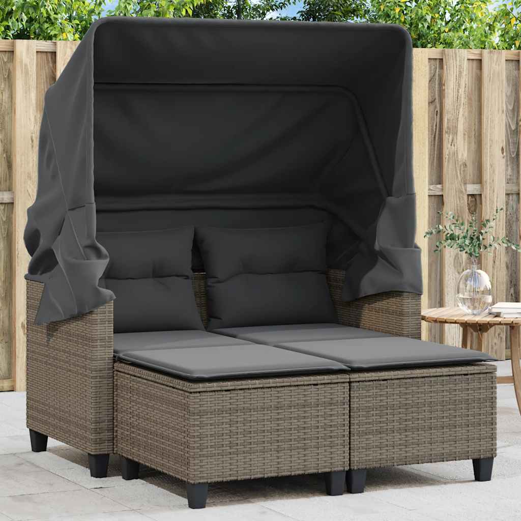 2-personers havesofa med baldakin og skamler polyrattan grå