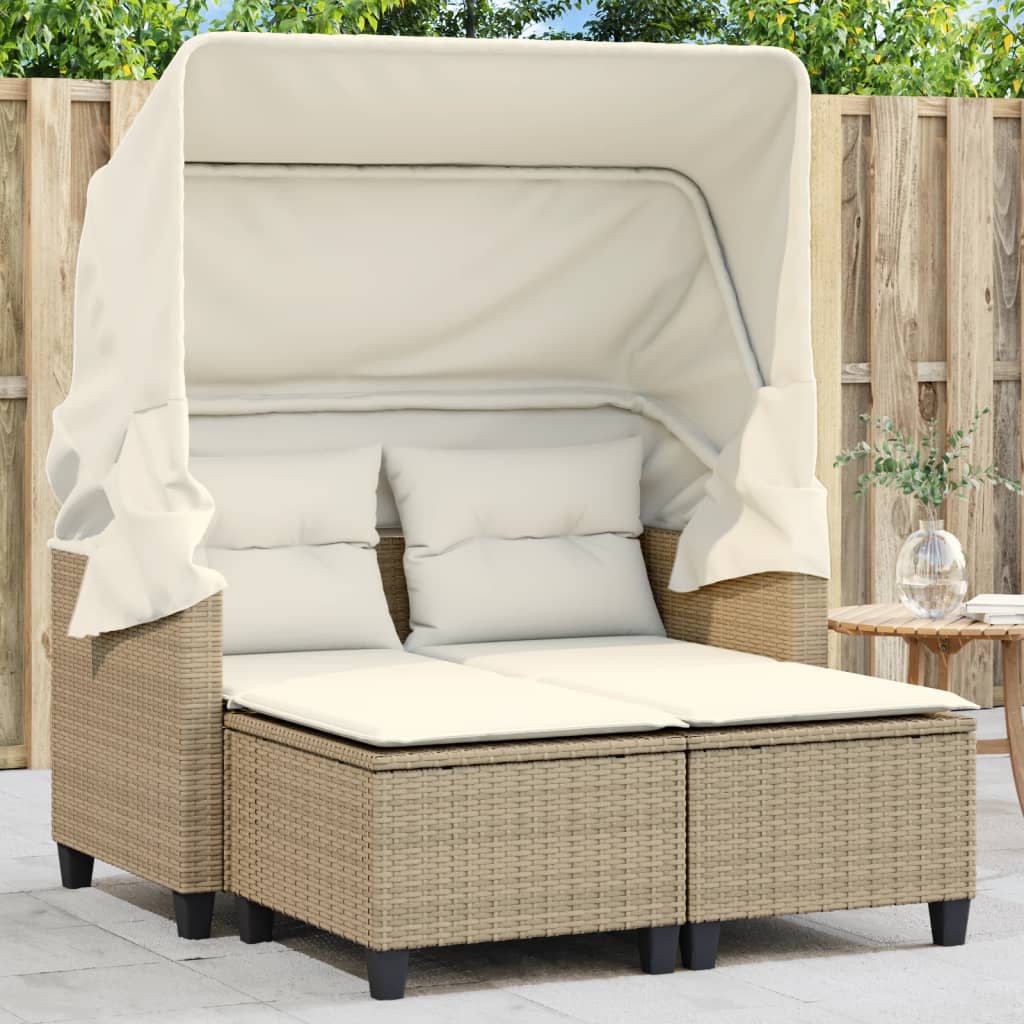 2-personers havesofa med baldakin og skamler polyrattan beige