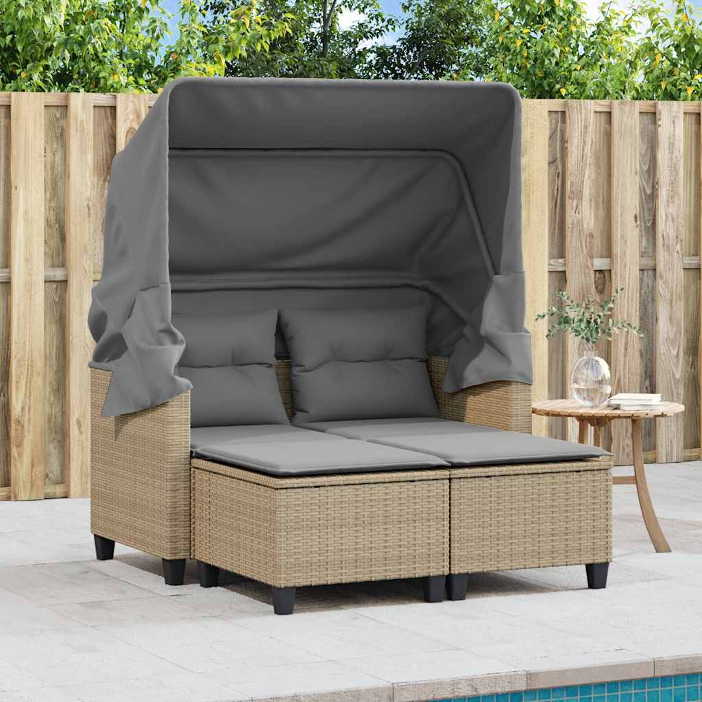 2-personers havesofa med baldakin og skamler polyrattan beige