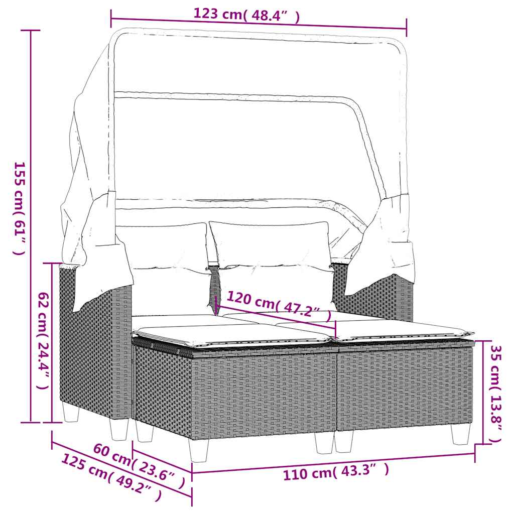 2-personers havesofa med baldakin og skamler polyrattan beige