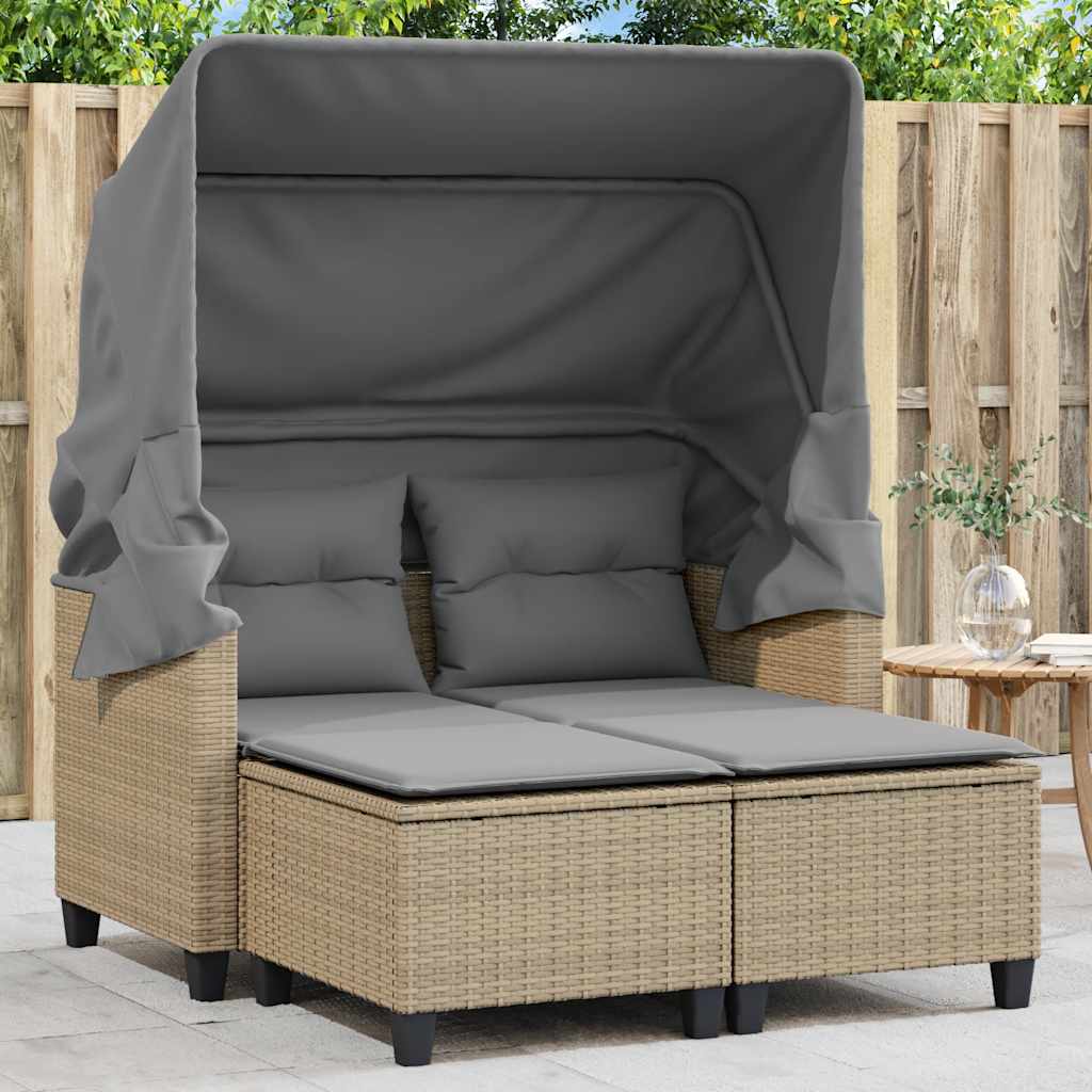 2-personers havesofa med baldakin og skamler polyrattan beige