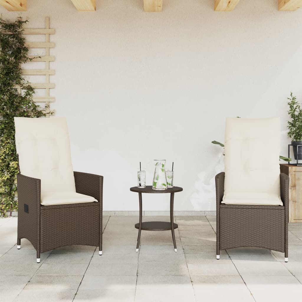 bistrosæt til haven 3 dele med hynder polyrattan brun