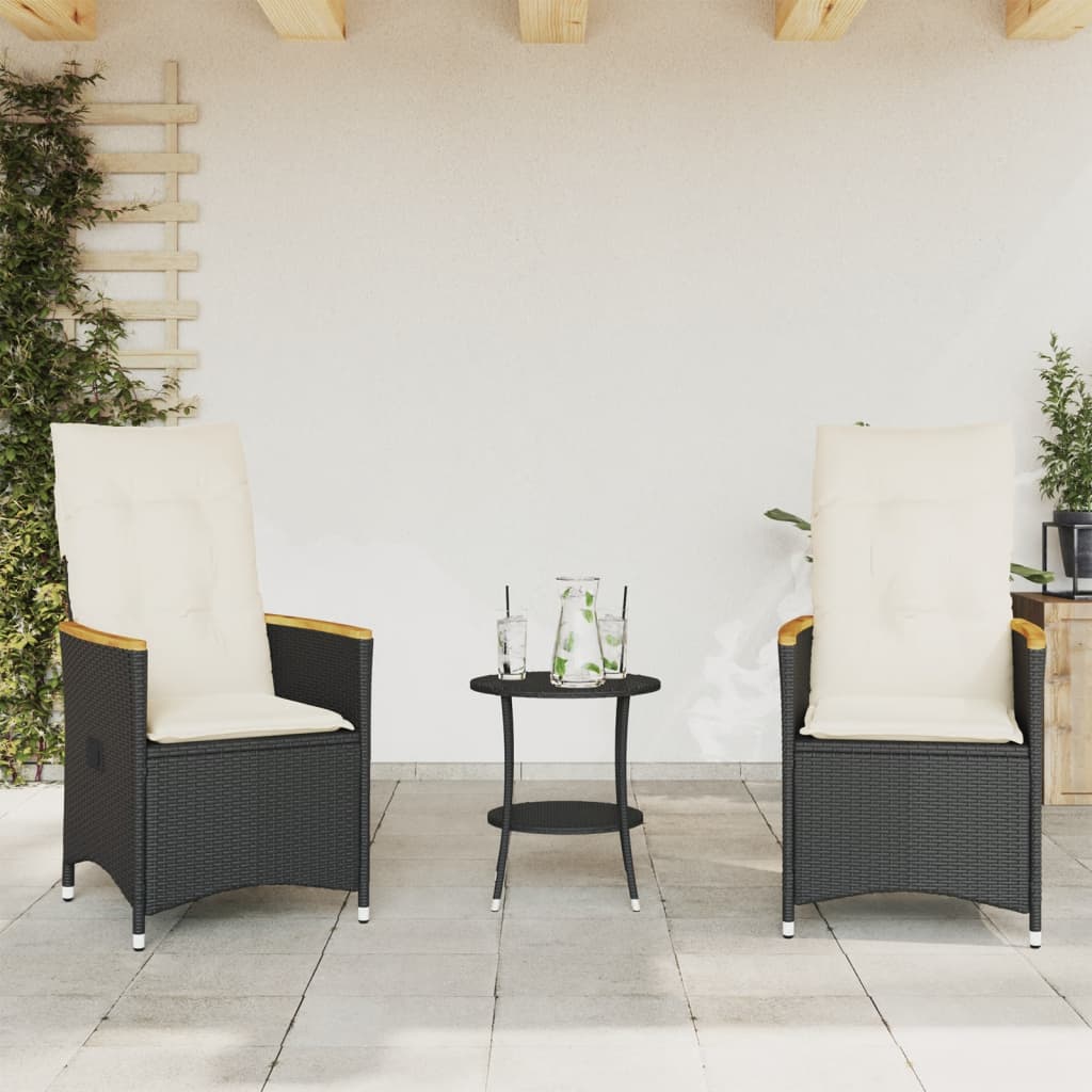 bistrosæt til haven 3 dele med hynder polyrattan sort