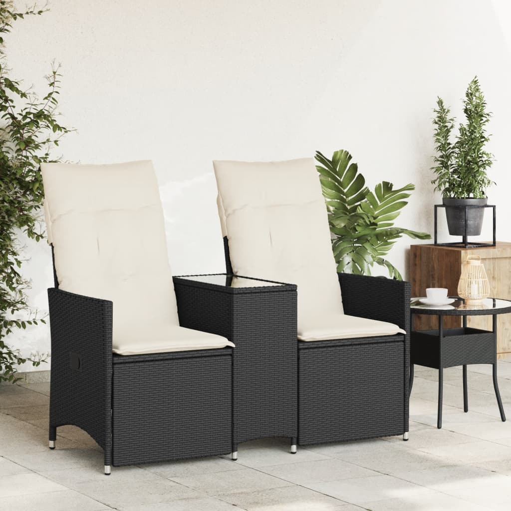 2-personers havesofa med bord og lænefunktion polyrattan sort