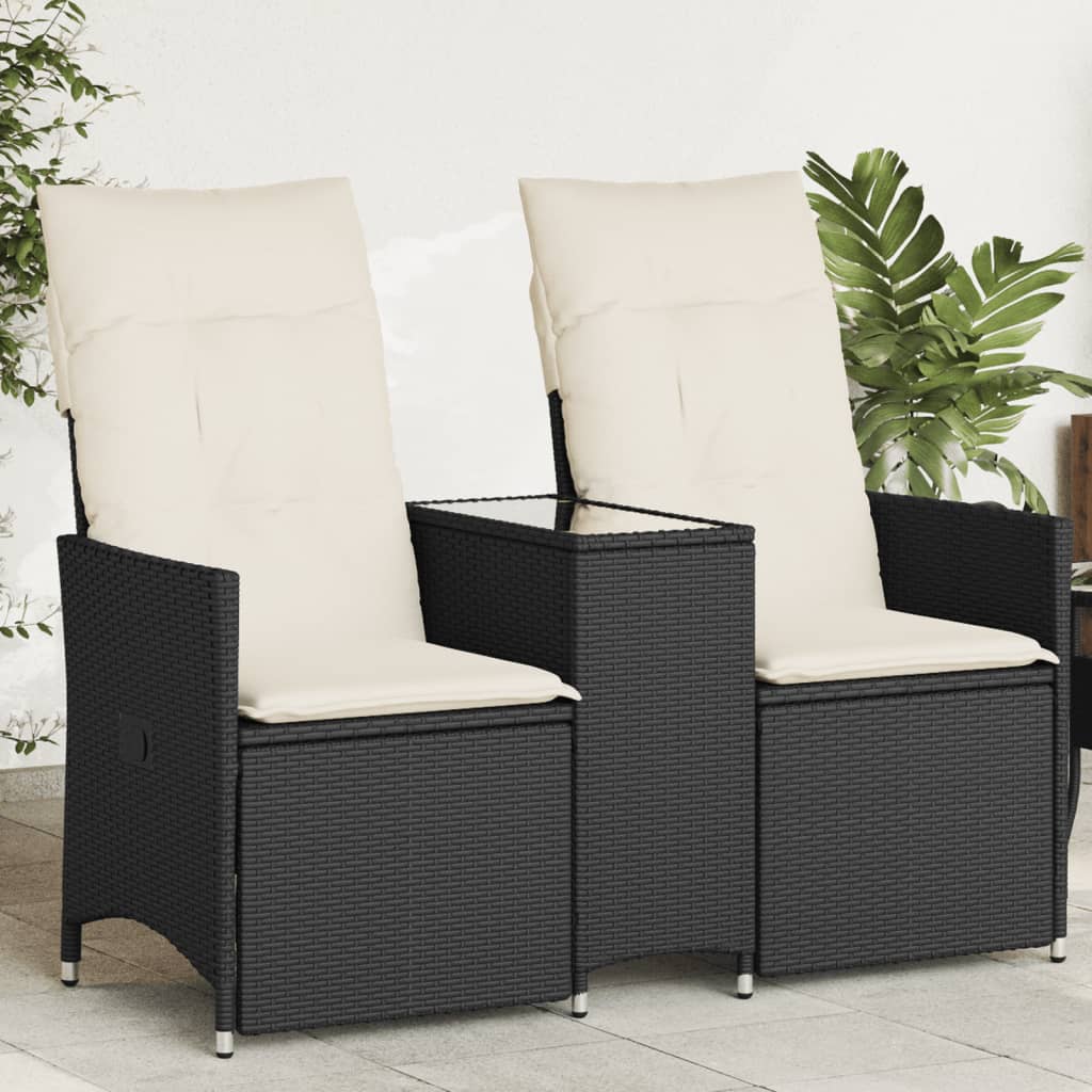 2-personers havesofa med bord og lænefunktion polyrattan sort