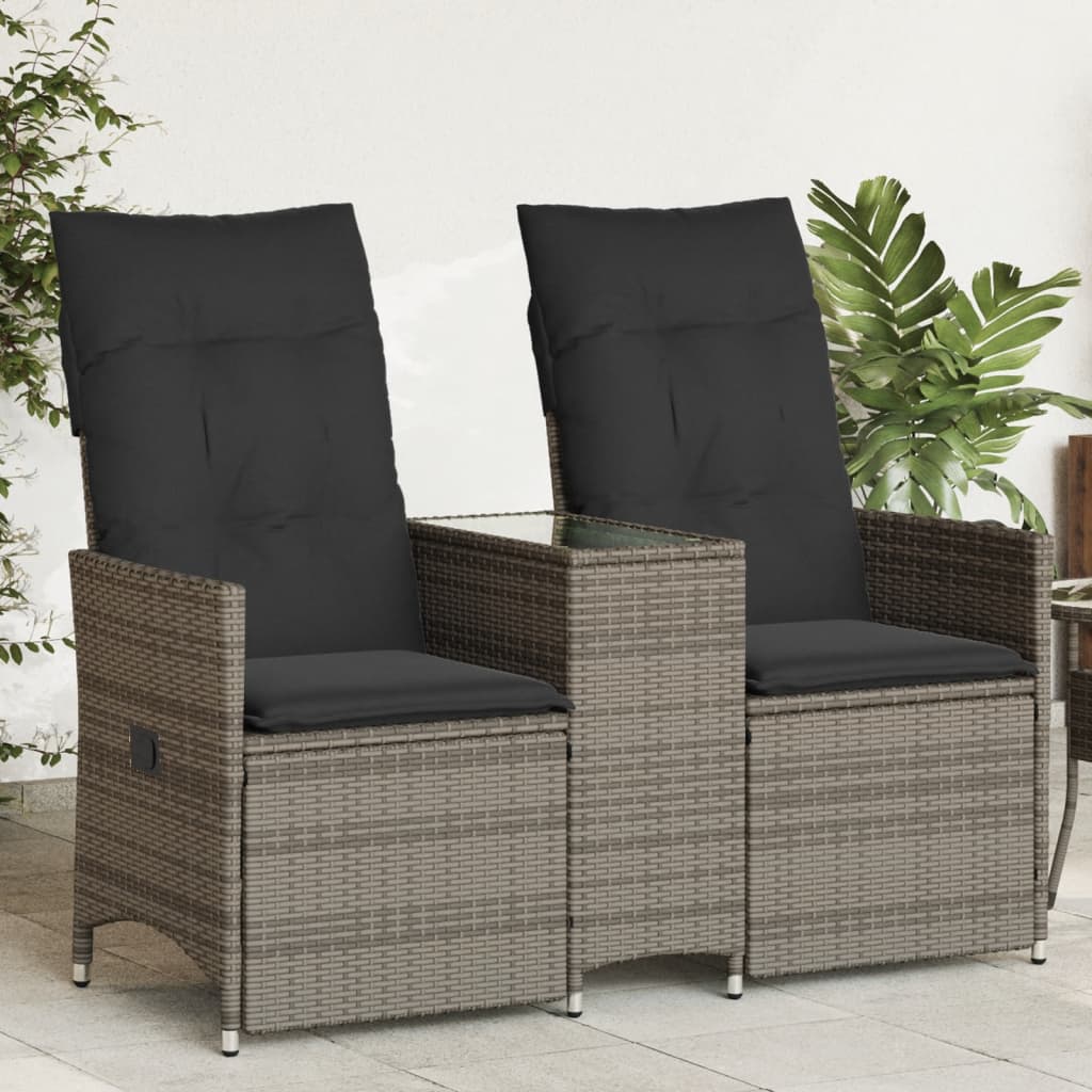 2-personers Havesofa Med Bord Og Lænefunktion Polyrattan - Grå / Glas / Uden fodskammel