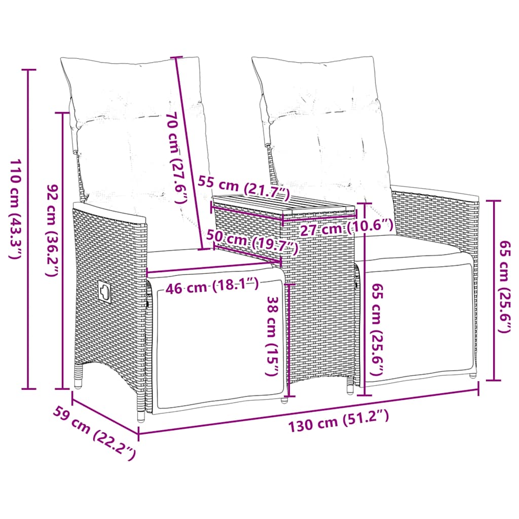 havesofa med 2 siddepladser og bord grå polyrattan