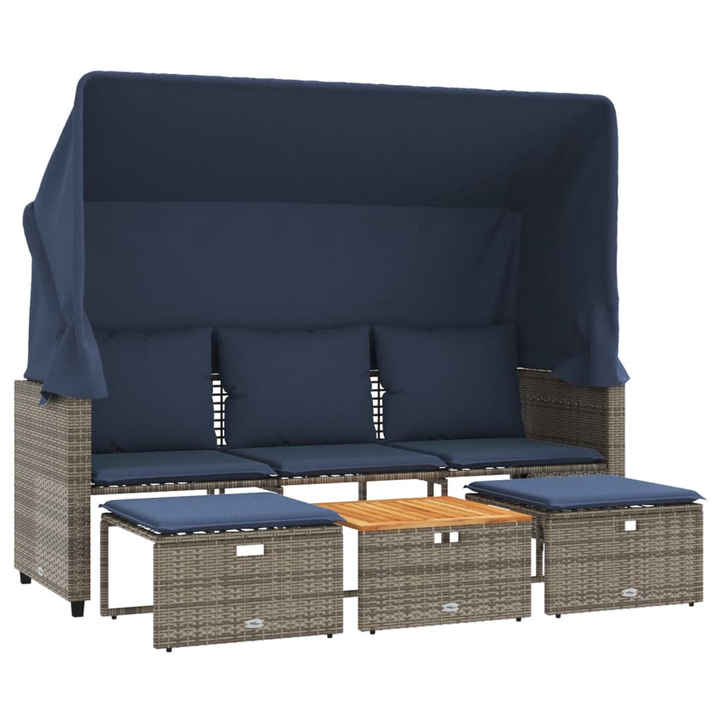 havesofa 3-personers med baldakin og skamler grå polyrattan