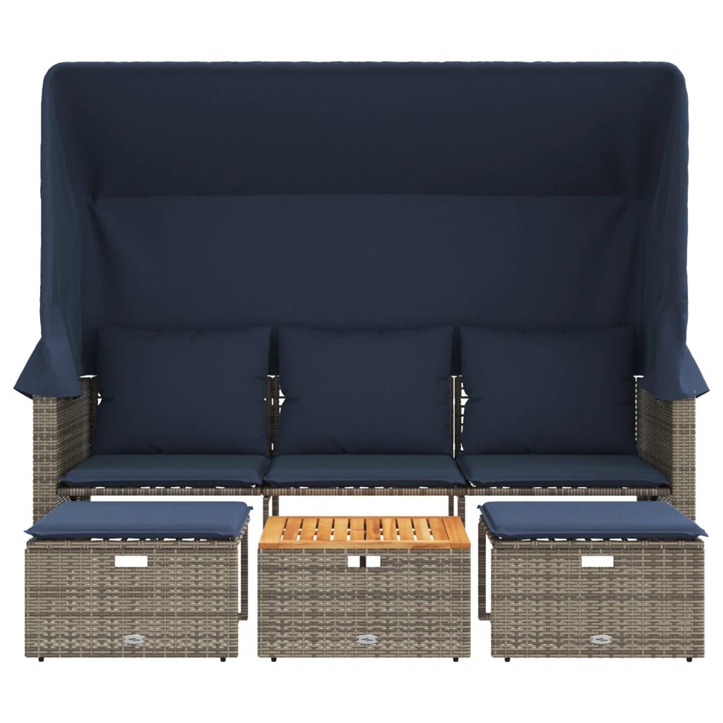 havesofa 3-personers med baldakin og skamler grå polyrattan