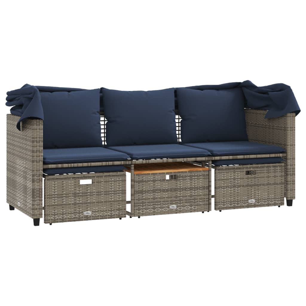 havesofa 3-personers med baldakin og skamler grå polyrattan