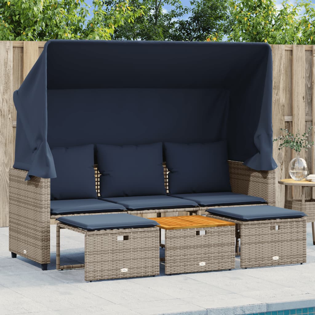 havesofa 3-personers med baldakin og skamler grå polyrattan