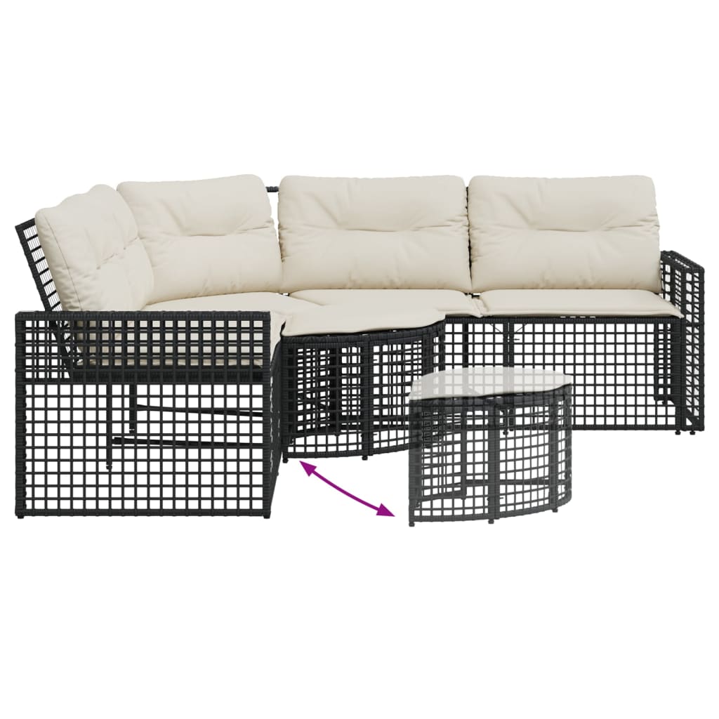 havesofa med hynder og fodskammel L-formet polyrattan sort