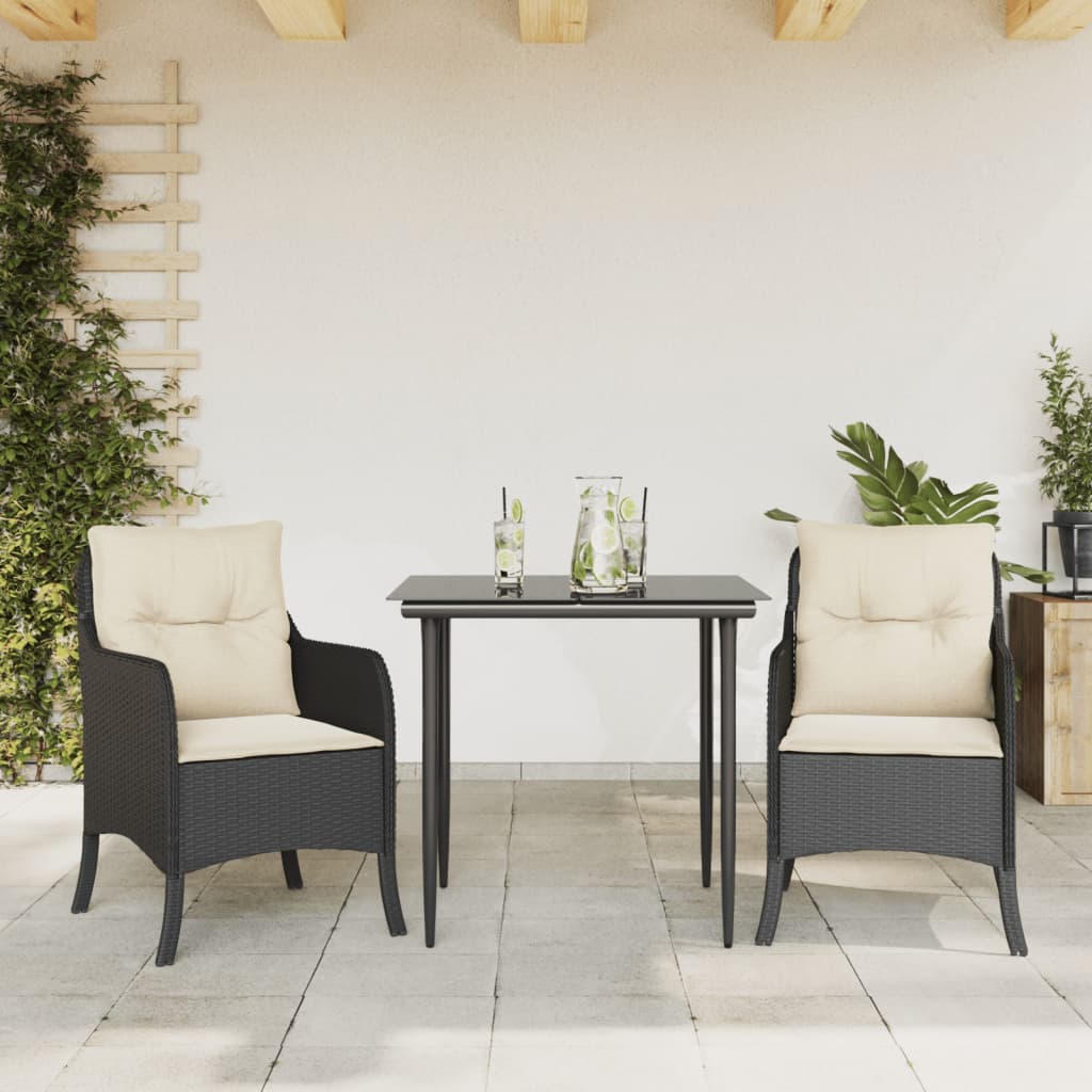 spisebordssæt til haven 3 dele med hynder polyrattan sort