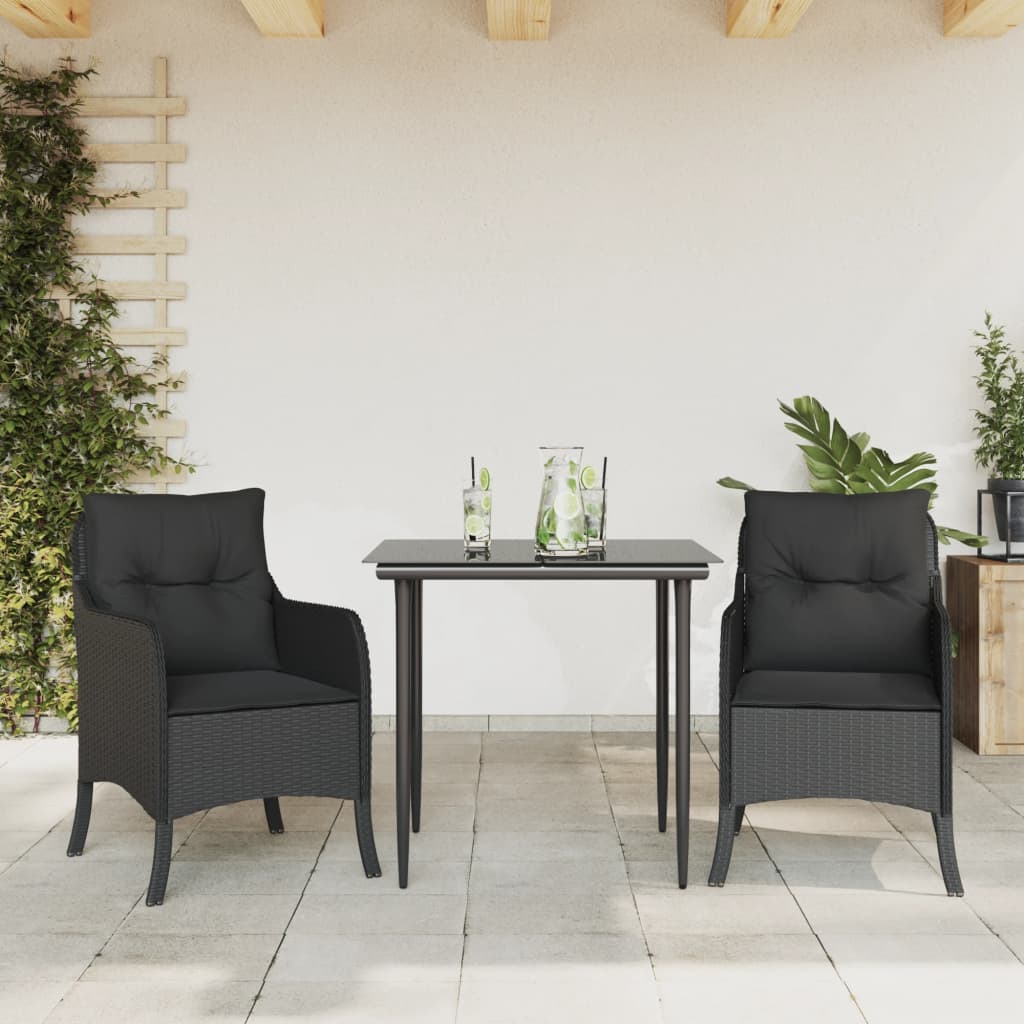 spisebordssæt til haven 3 dele med hynder polyrattan sort