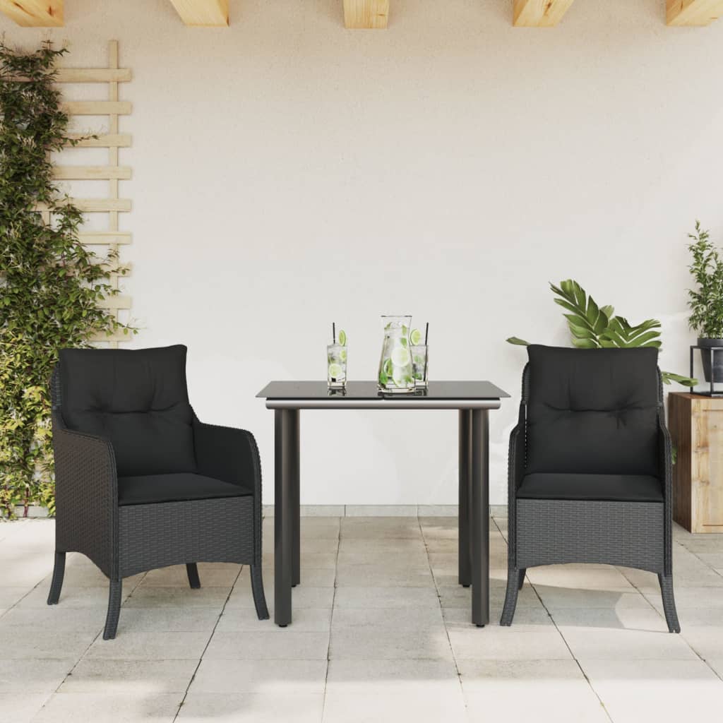 spisebordssæt til haven 3 dele med hynder polyrattan sort