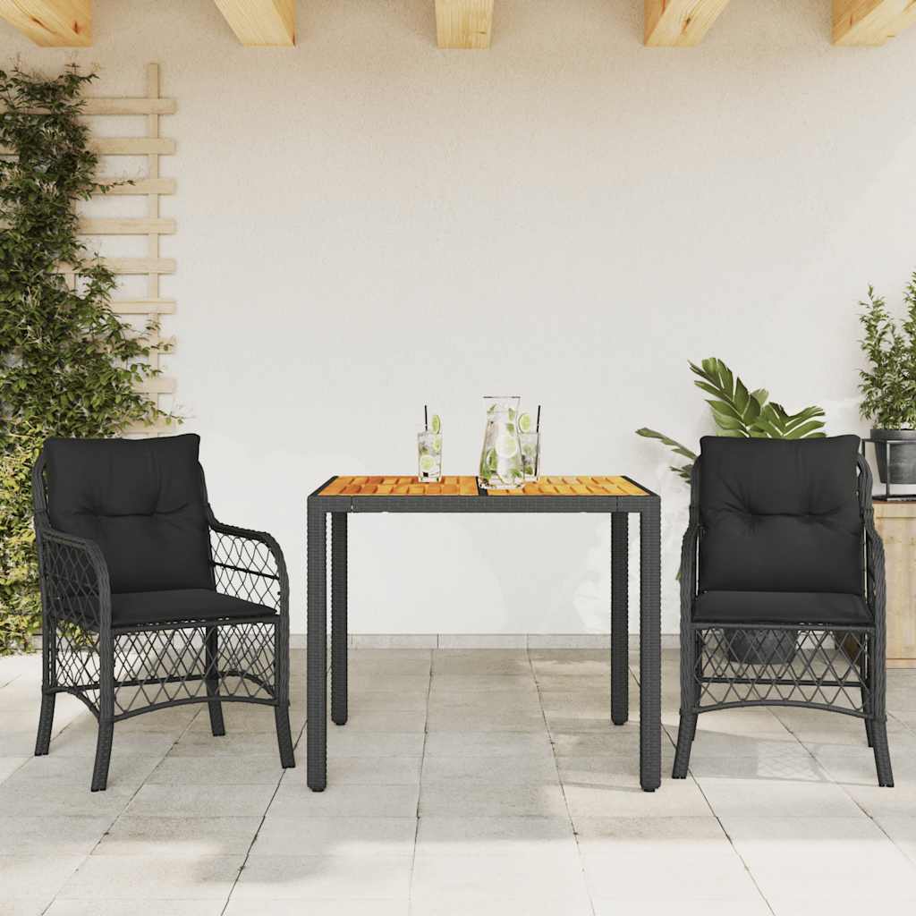 bistrosæt til haven 3 dele med hynder polyrattan sort