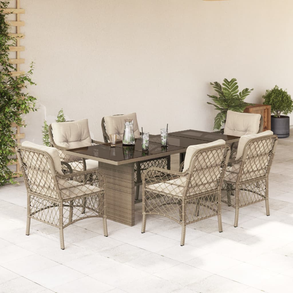 spisebordssæt til haven 7 dele med hynder polyrattan beige