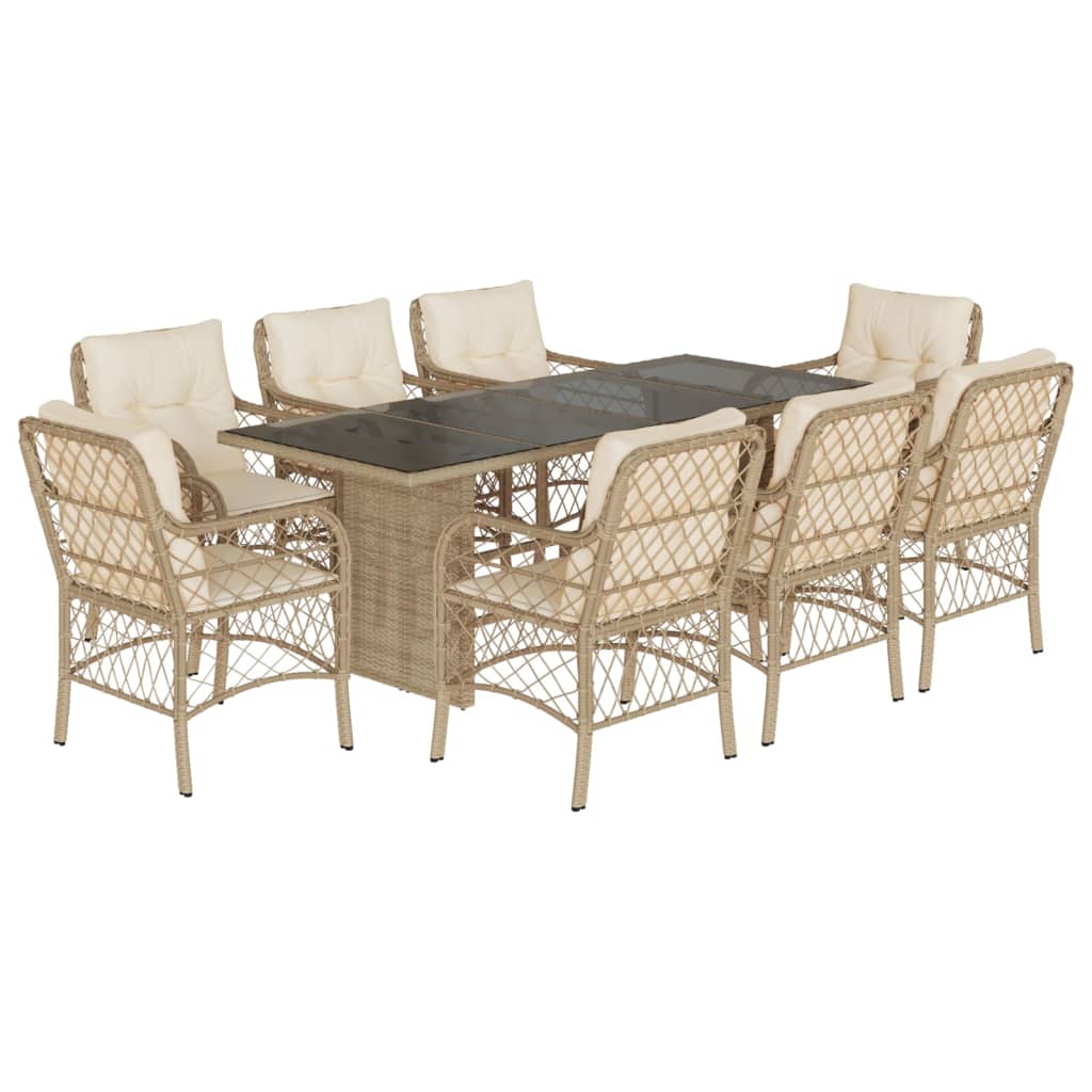 spisebordssæt til haven 9 dele med hynder polyrattan beige