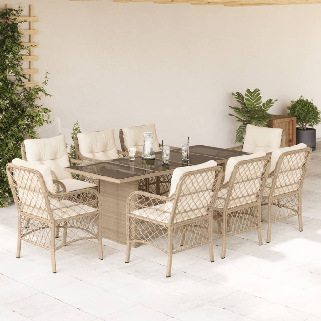 spisebordssæt til haven 9 dele med hynder polyrattan beige